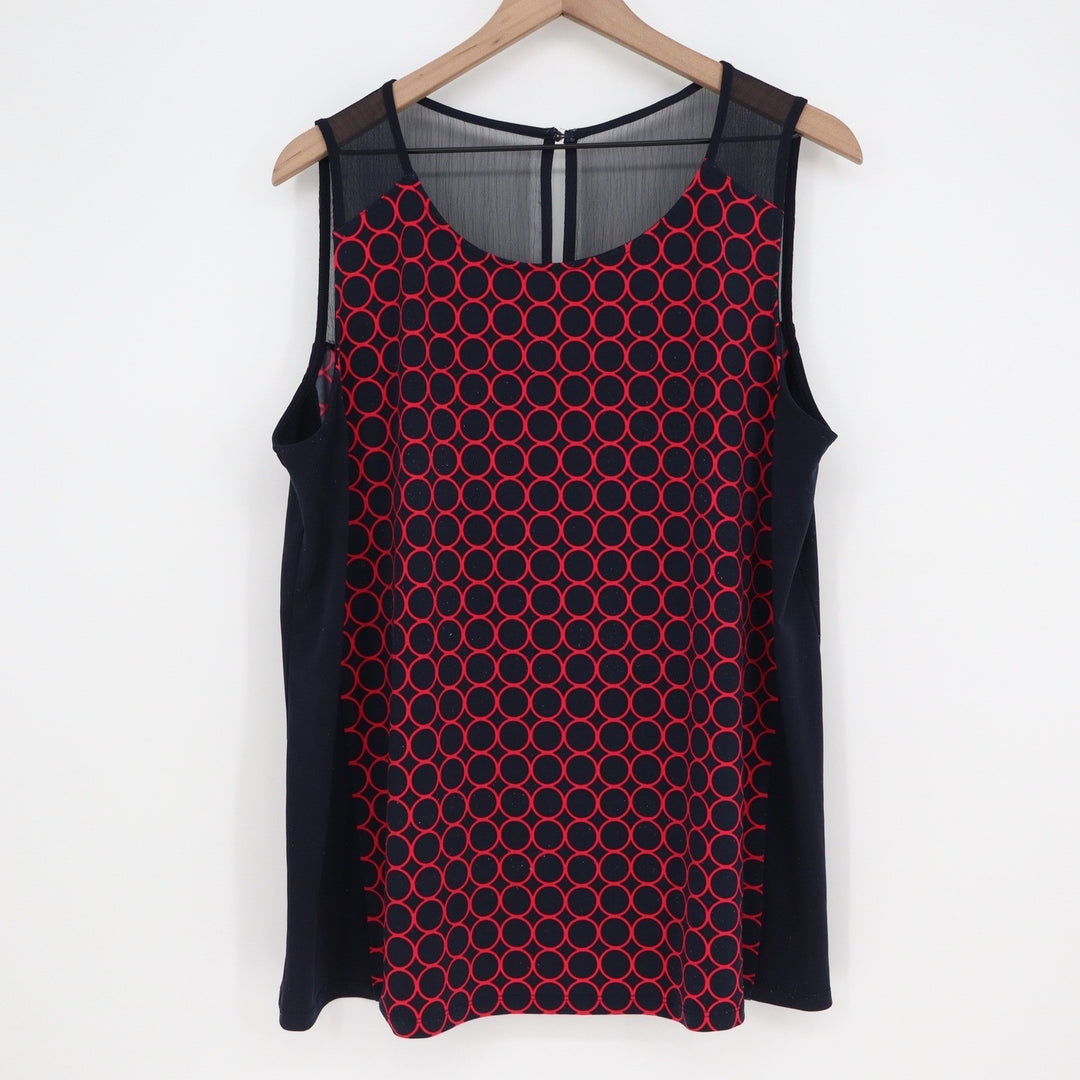 41 Hawthorn Womens 1X Navy Blue Red Geometric Circle Mesh Yoke Blouse