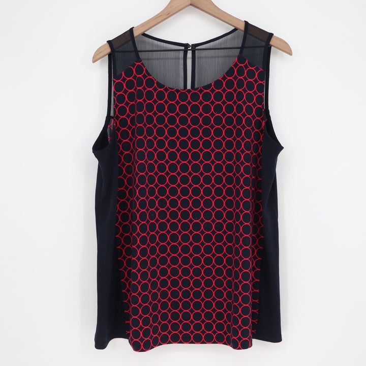 41 Hawthorn Womens 1X Navy Blue Red Geometric Circle Mesh Yoke Blouse
