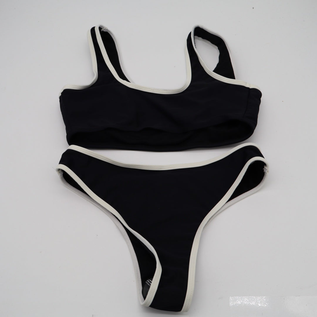 2 Piece Bikini Set Women Small Black White Contrast Trim Stretch Ribbed Swimwear