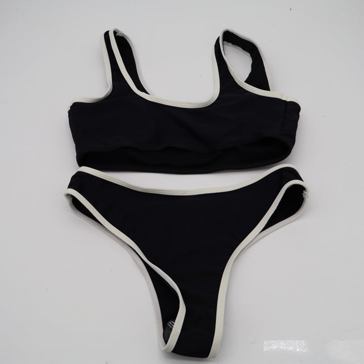 2 Piece Bikini Set Women Small Black White Contrast Trim Stretch Ribbed Swimwear