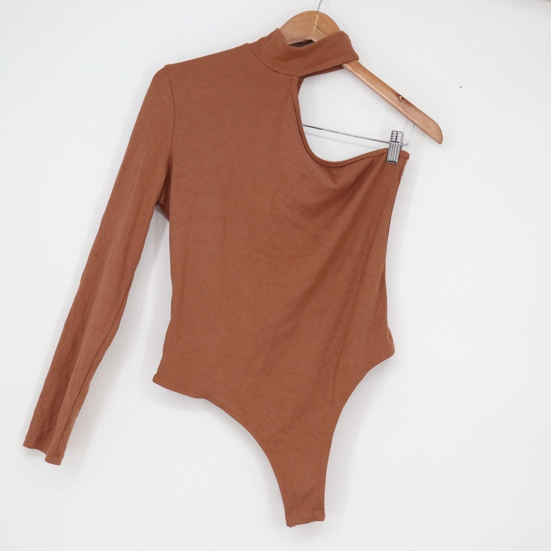 SHEIN Rust Brown One Shoulder Cutout Ribbed Bodysuit Long Sleeve Size L