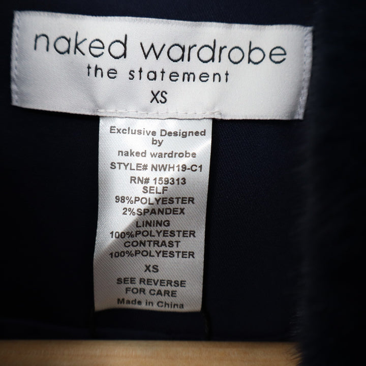 Naked Wardrobe The Statement Trench Coat Womens XS Navy Stretch Fur Shawl Collar