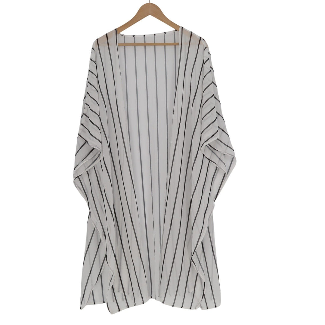 Womens Cover Up White Black Striped Open Front Side Slits Kimono Sleeve Summer