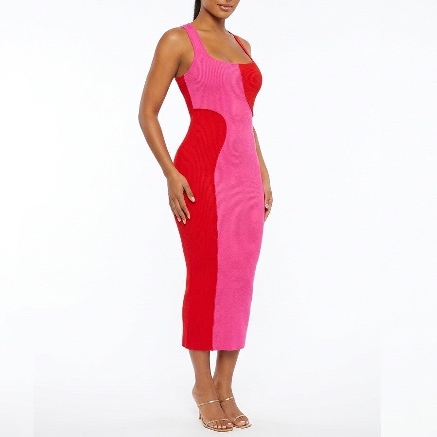 Naked Wardrobe Pink Red Colorblock Ribbed Bodycon Midi Dress Large