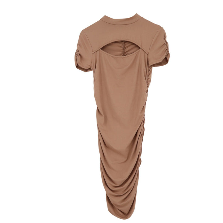 Fashion Nova Womens Tan Ruched Mock Neck Cutout Back Bodycon Midi Dress L