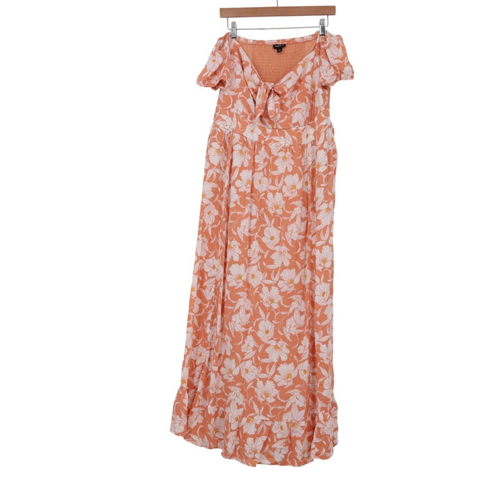 Torrid Peach Floral Smocked Tie Front Maxi Dress Pockets Size 1 Plus Size 1X