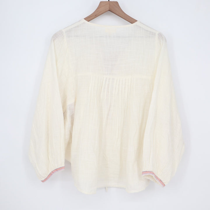 World Market Tunic Top Womens S/M White Floral Cotton Dolman Sleeve Split Neck