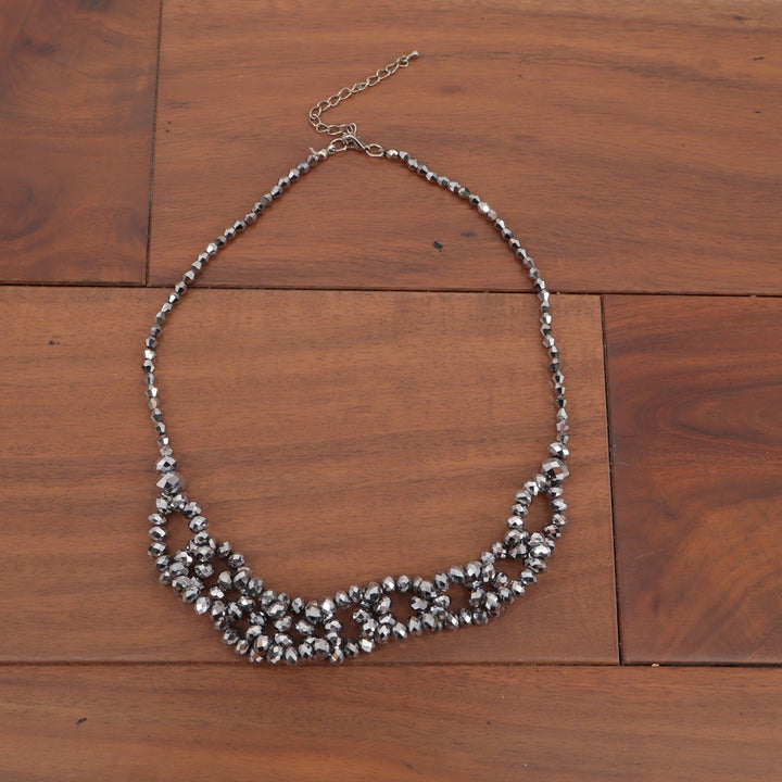 Gunmetal Grey Faceted Bead Bib Statement Necklace Metallic Woven Lattice Design