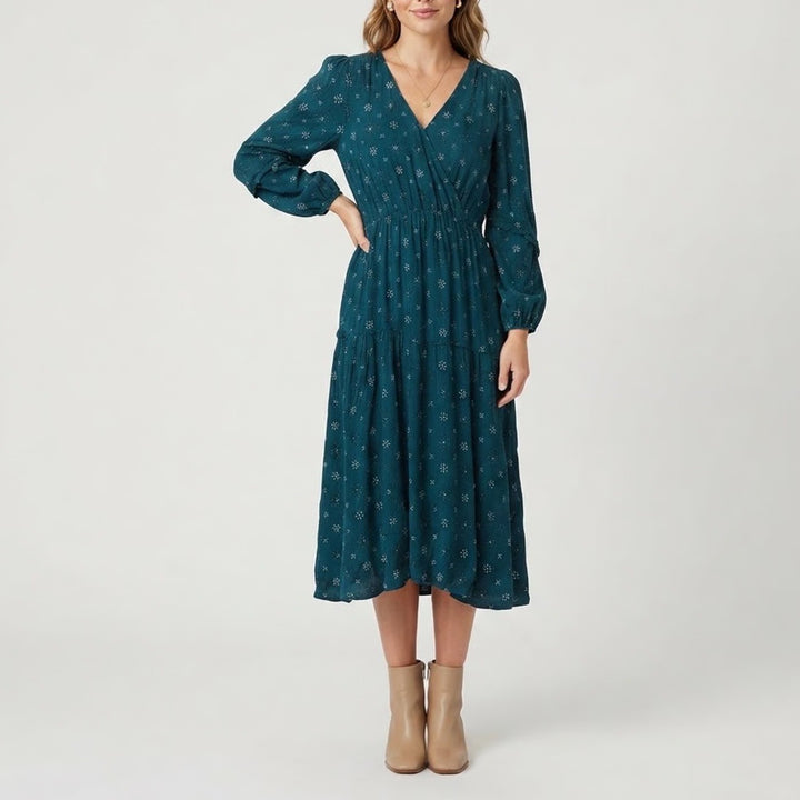 Knox Rose Womens Teal Blue Floral Faux Wrap Midi Dress Long Sleeve Size M Boho
