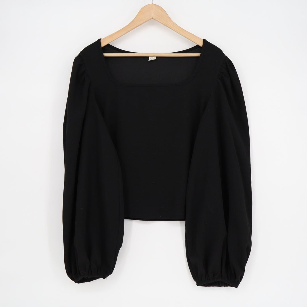 Cropped Blouse Womens XL Black Stretch Balloon Sleeves Squaer Neck Pullover