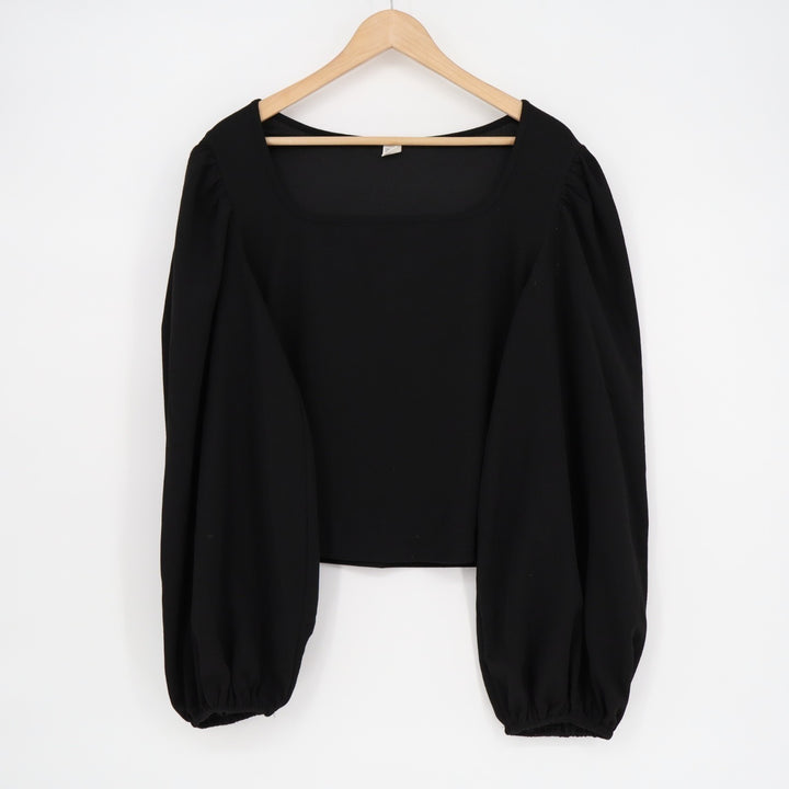 Cropped Blouse Womens XL Black Stretch Balloon Sleeves Squaer Neck Pullover
