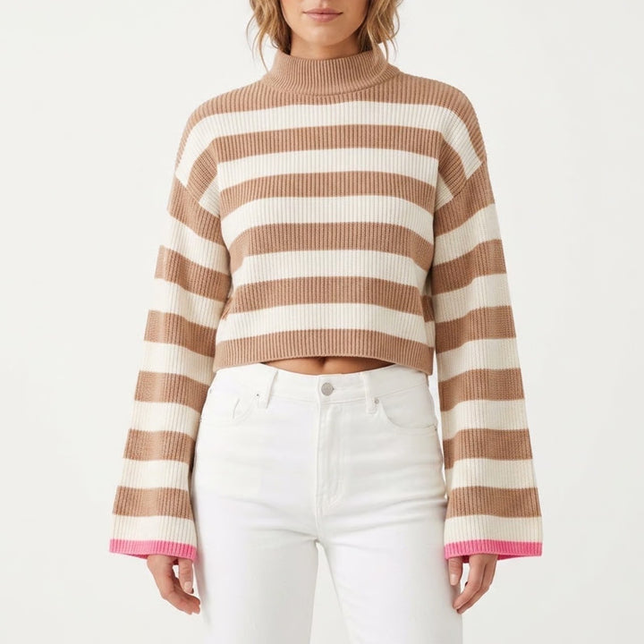 Sincerely Jules Womens Small Tan White Striped Mock Neck Cropped Sweater