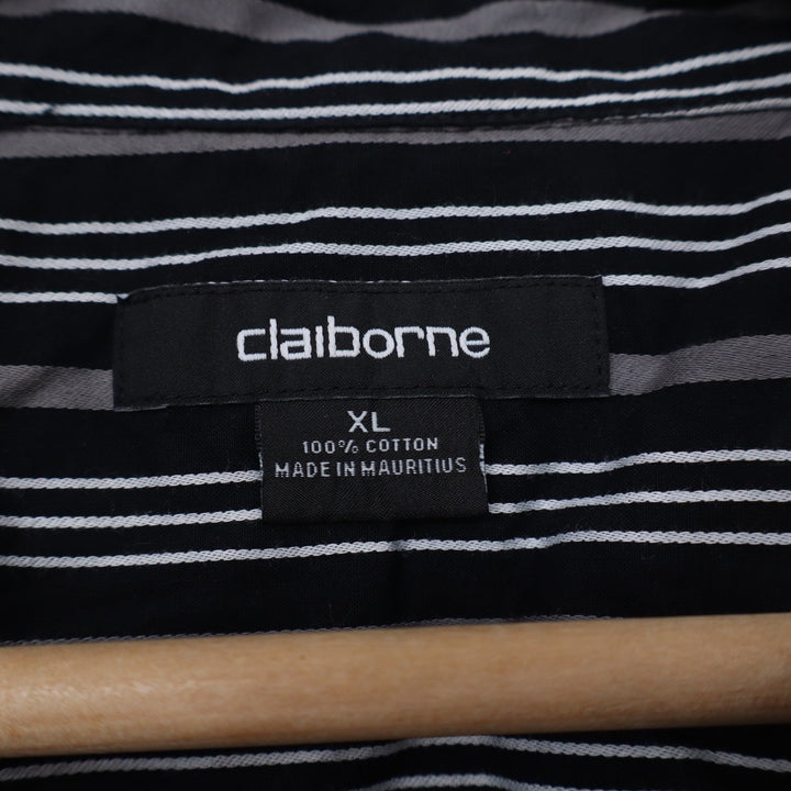 Claiborne Mens XL Long Sleeve Button Down Shirt Black Grey White Striped Cotton