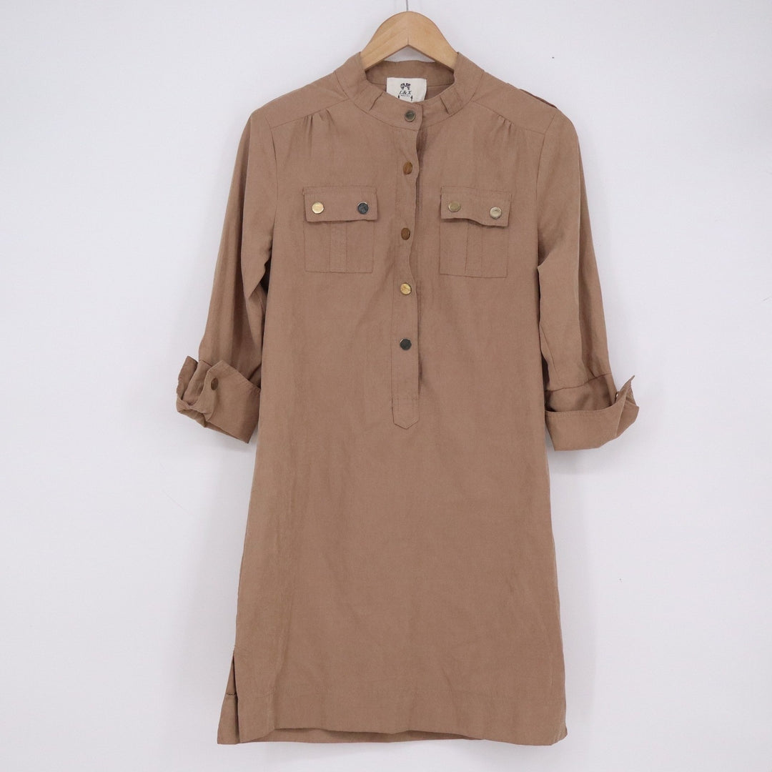 L&X Fashion Tan Utility Safari Shirt Dress Small Khaki Roll Tab Sleeve Epaulets