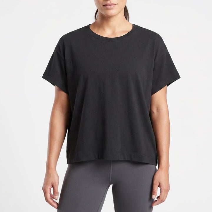 Athleta Cropped T-Shirt Women XL Black Nylon Short Sleeve Crew Neck Pullover