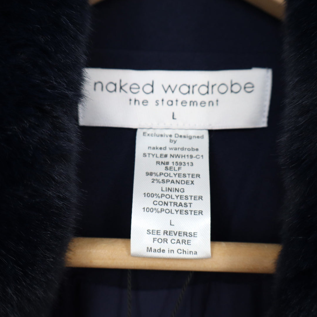 Naked Wardrobe The Statement Trench Coat Womens L Navy Fur Shawl Collar Stretch