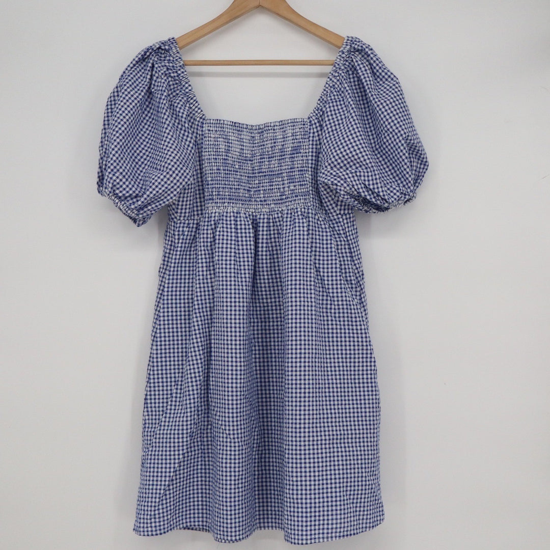 Old Navy Blue Gingham Puff Sleeve Smocked Mini Dress Womens Size M