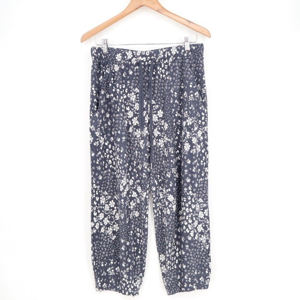 Pajama Pants Womens Medium Navy Floral Mid Rise Drawstring Waist Slash Pockets