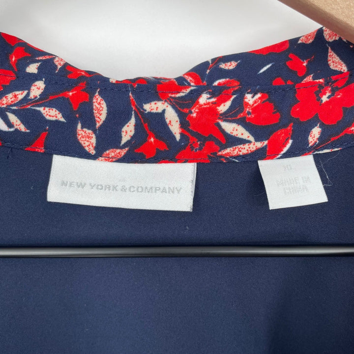 New York Company Floral Print Shirt Dress Navy Red XL Roll Tab Sleeve