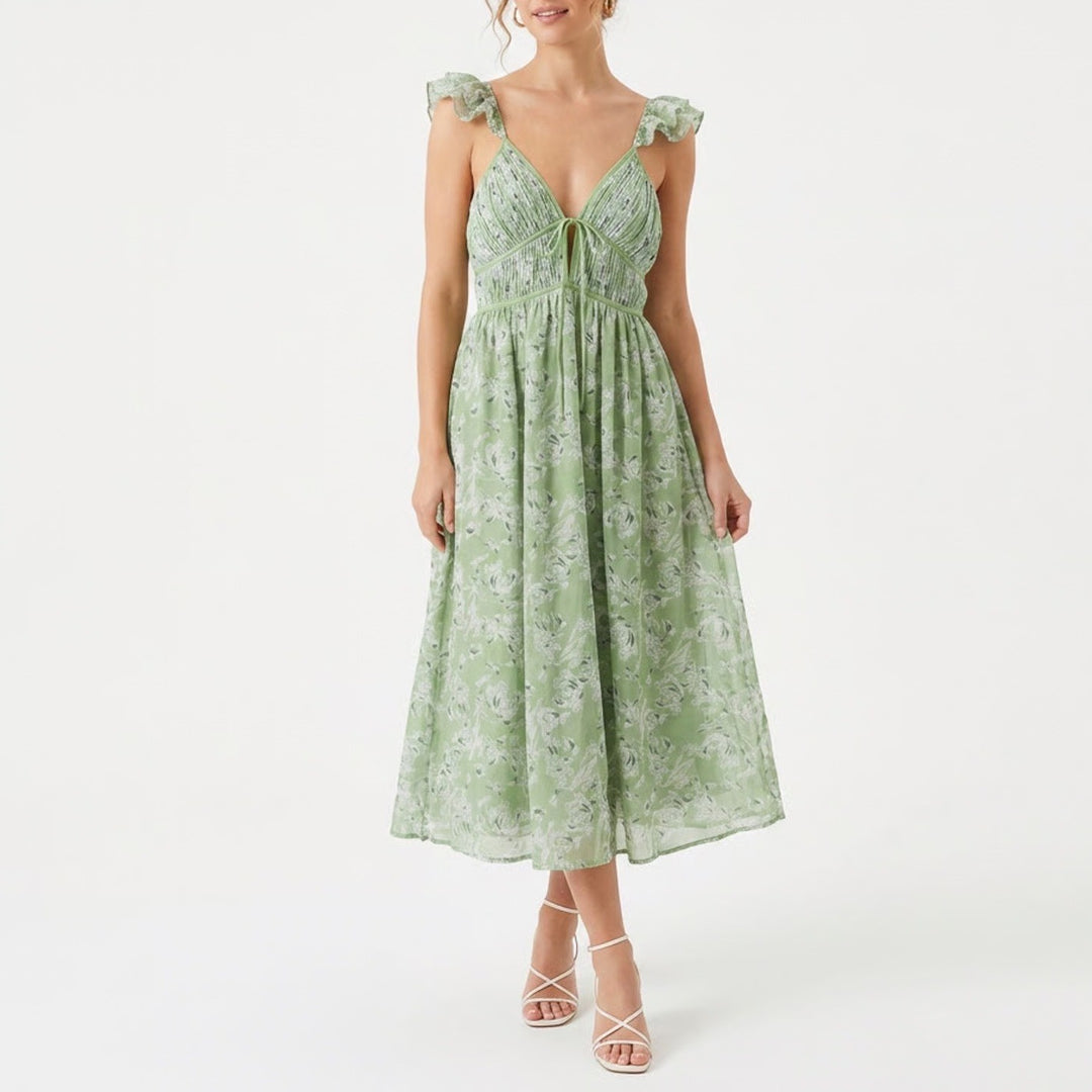 En Saison Green Floral Ruffle Strap Smocked Midi Dress Large