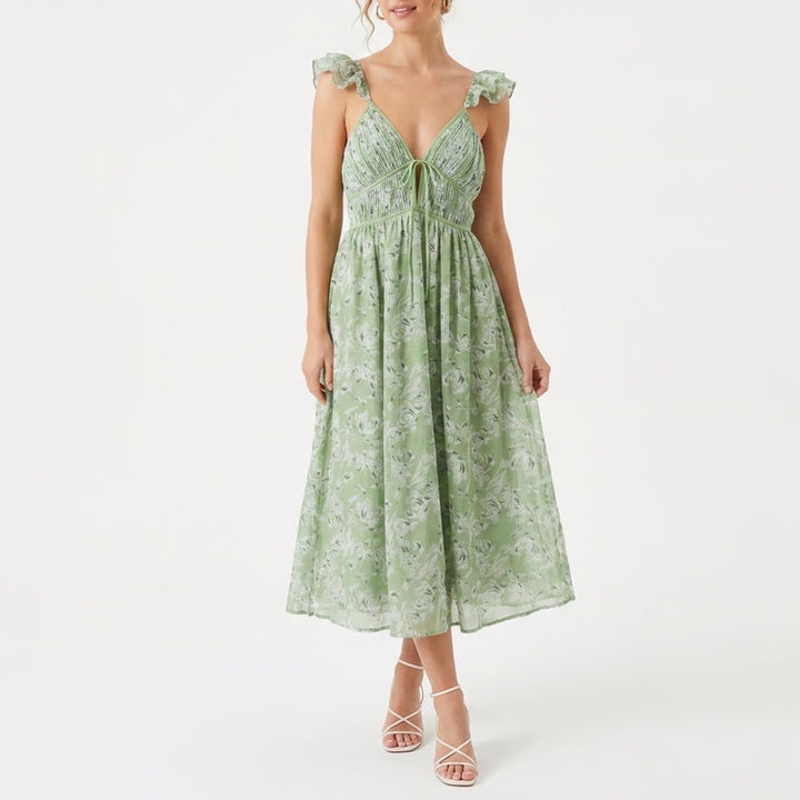 En Saison Green Floral Ruffle Strap Smocked Midi Dress Large