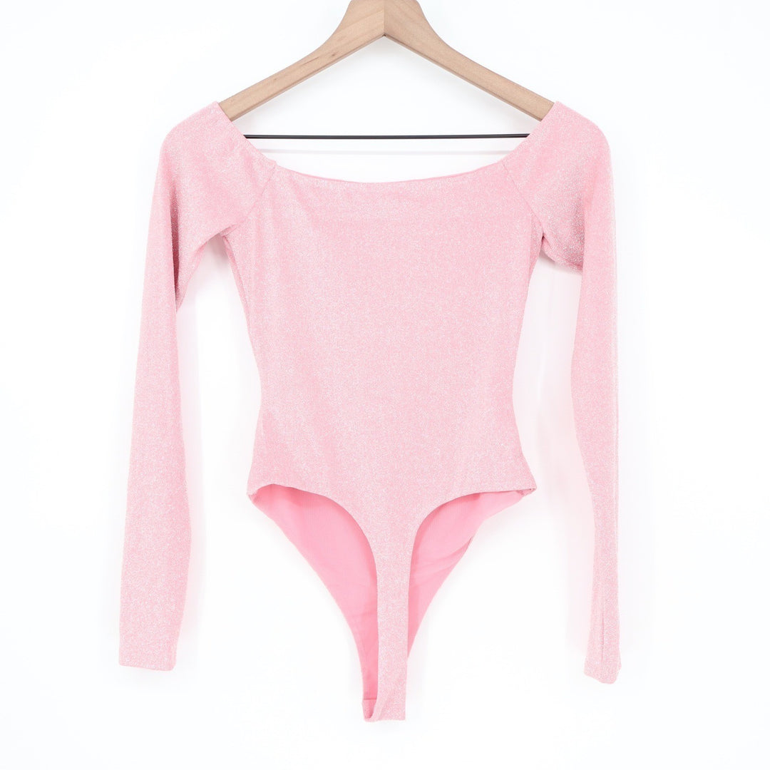 Naked Wardrobe Pink Shimmer Cutout Off Shoulder Bodysuit Small