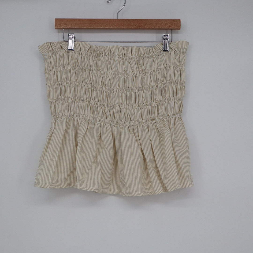 Tan White Striped Smocked Peplum Tube Top and Shorts Set XL