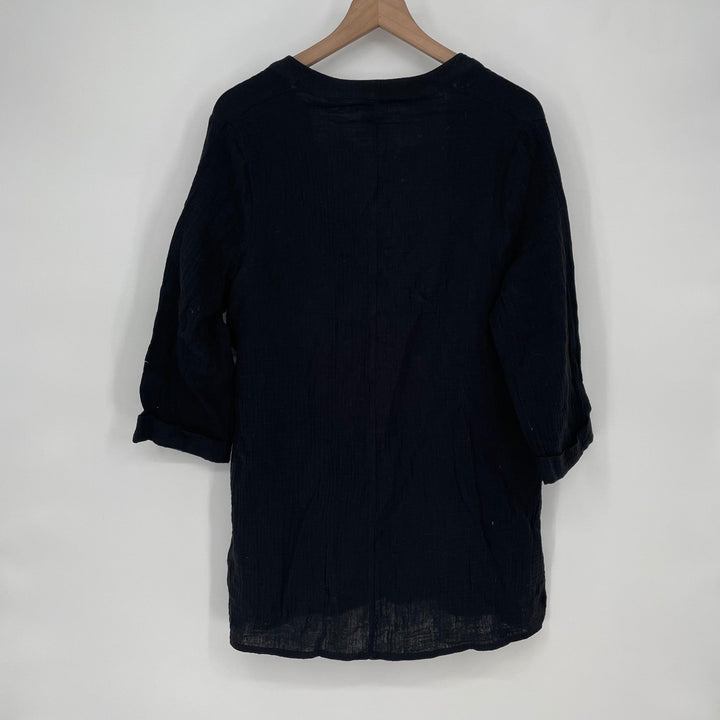 Kona Sol Womens Black V Neck Gauze Tunic Top Size S 3/4 Sleeve Pockets