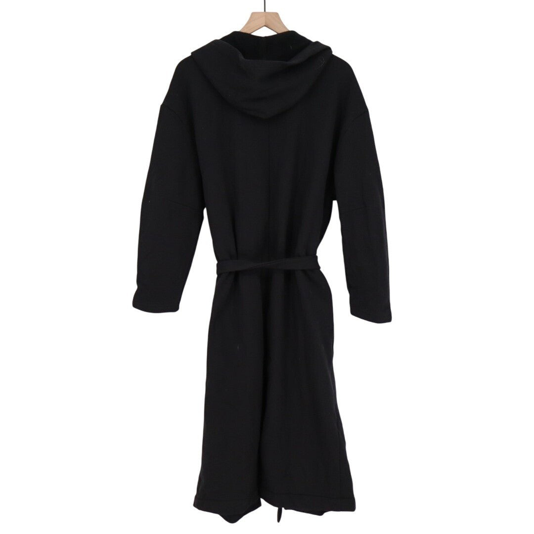 American Giant Fleece Long Coat Women M/L Black Cotton Hooded Pockets Waist Belt