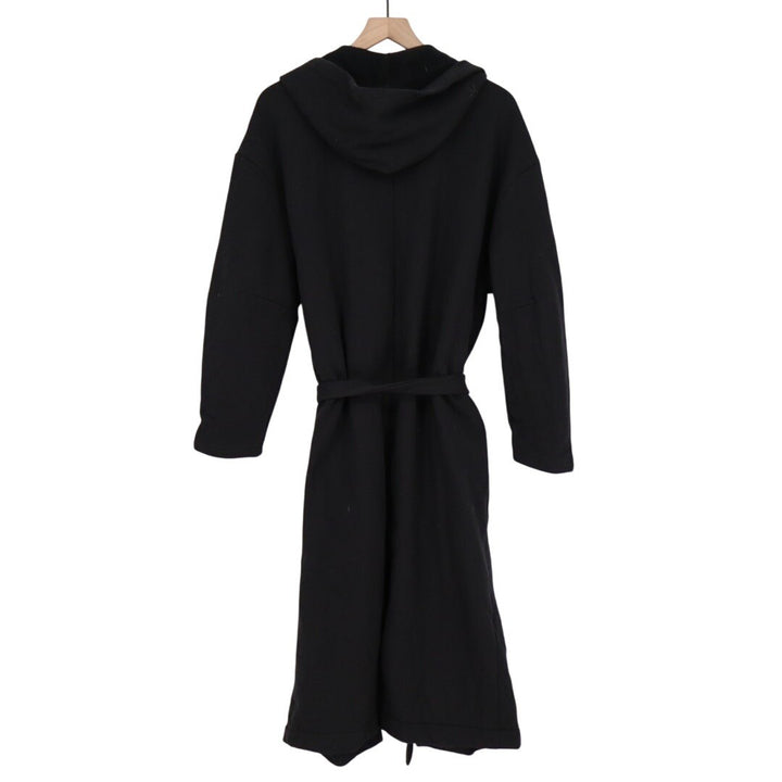 American Giant Fleece Long Coat Women M/L Black Cotton Hooded Pockets Waist Belt