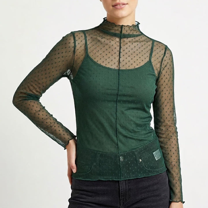 T-Shirt Womens Large Green Mesh Sheer Stretch Long Sleeve Mock Neck Pullover