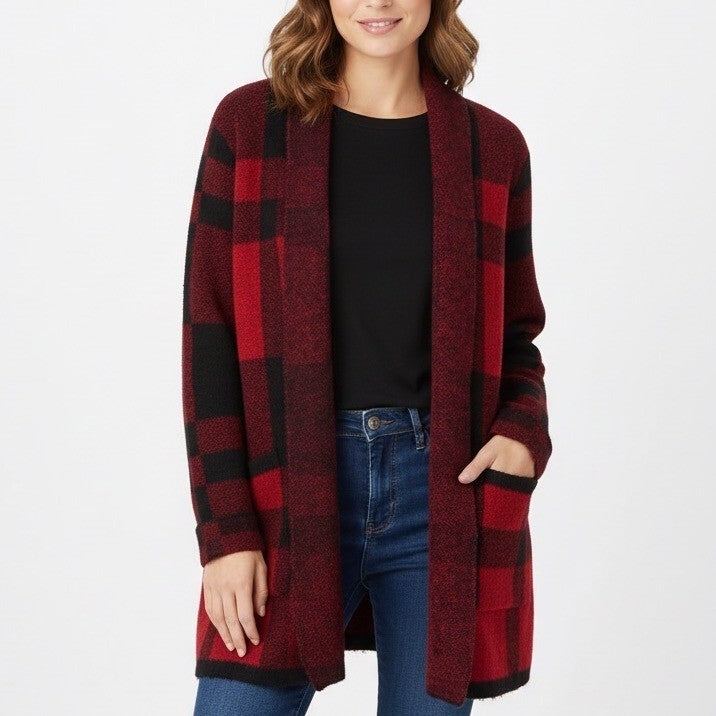 Zoë + Phoebe Cardigan Sweater Womens Large Petite Red Black Plaid Open Front