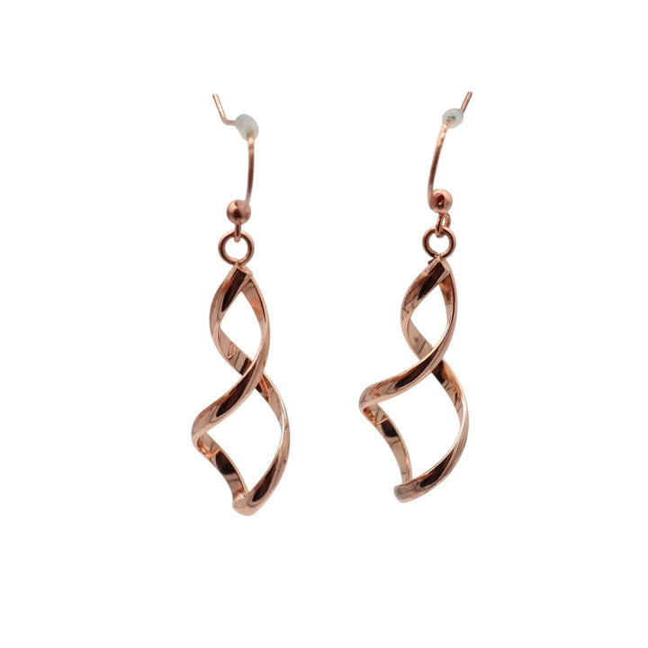 Rose Gold Tone Double Helix Spiral Dangle Drop Earrings French Wire Hook