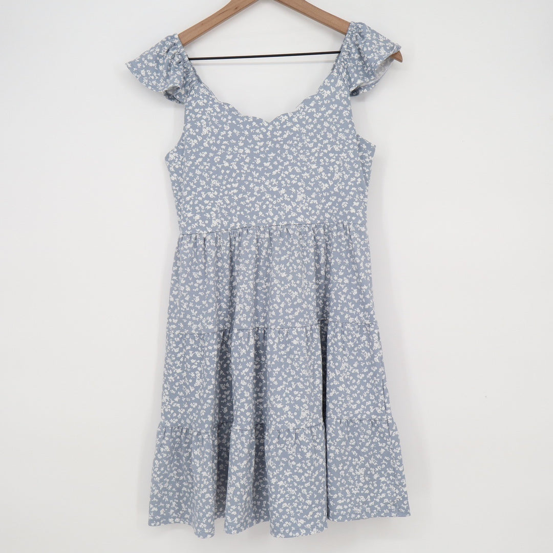 Monteau Los Angeles Blue Floral Tiered Mini Dress Scalloped Ruffle Strap Small