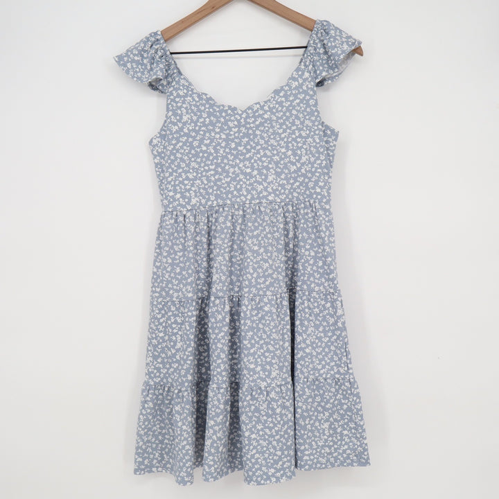 Monteau Los Angeles Blue Floral Tiered Mini Dress Scalloped Ruffle Strap Small