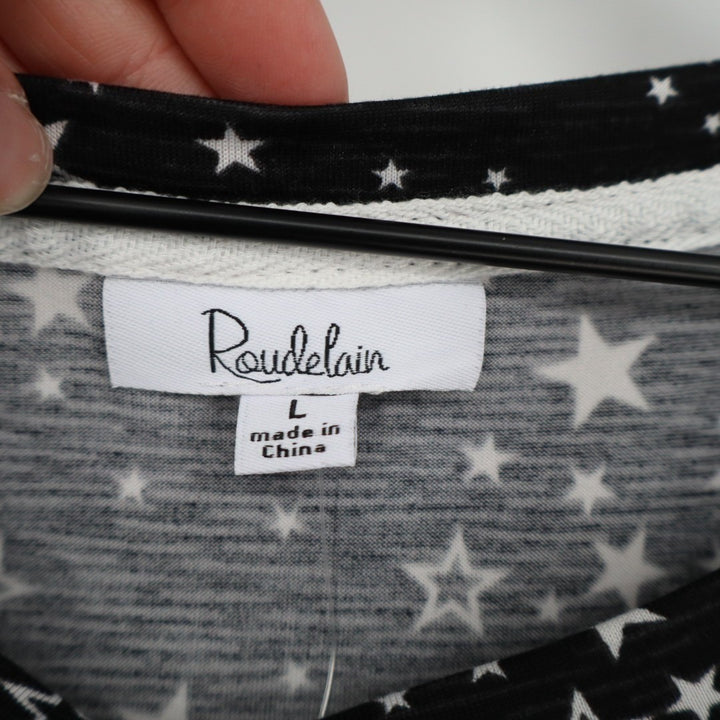 Roudelain Pajama Top Women L Black Stretch Star Printed Shirttail Hem Sleep Wear