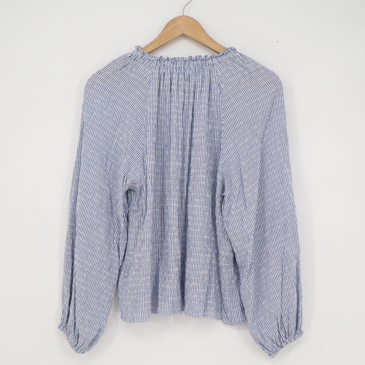 Old Navy Womens Blue White Striped Peasant Blouse V-Neck Balloon Sleeve Size M