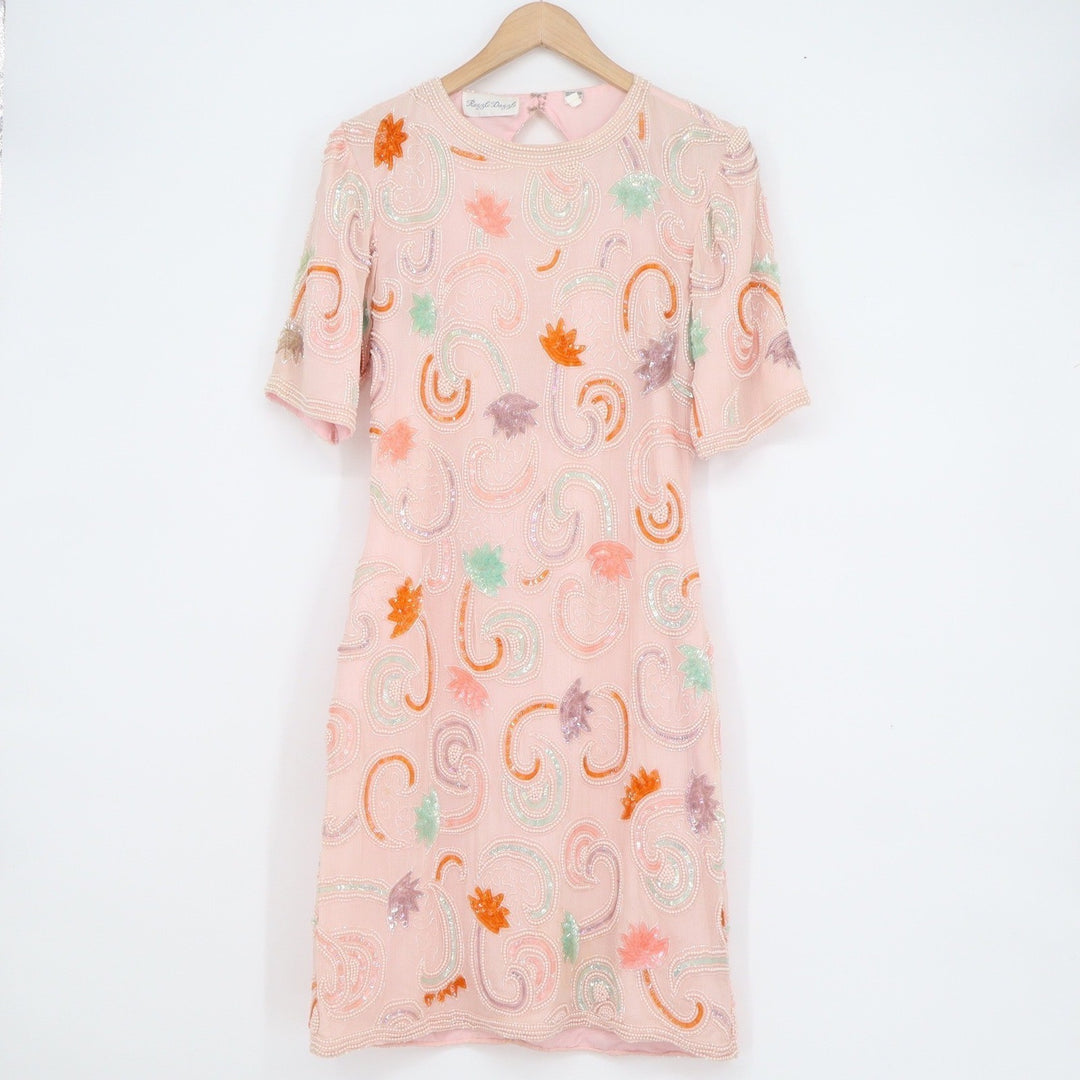 Vintage Razzle Dazzle Pink Silk Beaded Sequin Shift Dress Pearl Detail Size S/XS