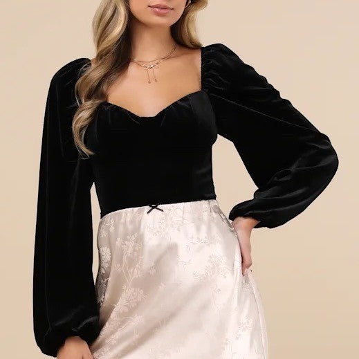 Lulus Exquisite Expectation Top Womens M Black Velvet Tie-Back Balloon Sleeve