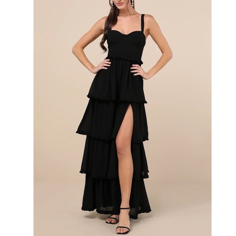 Lulus Black Tiered Ruffle Maxi Dress XL Bustier Lace Up Back Formal Gown 6299
