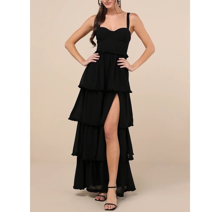 Lulus Black Tiered Ruffle Maxi Dress XL Bustier Lace Up Back Formal Gown 6299