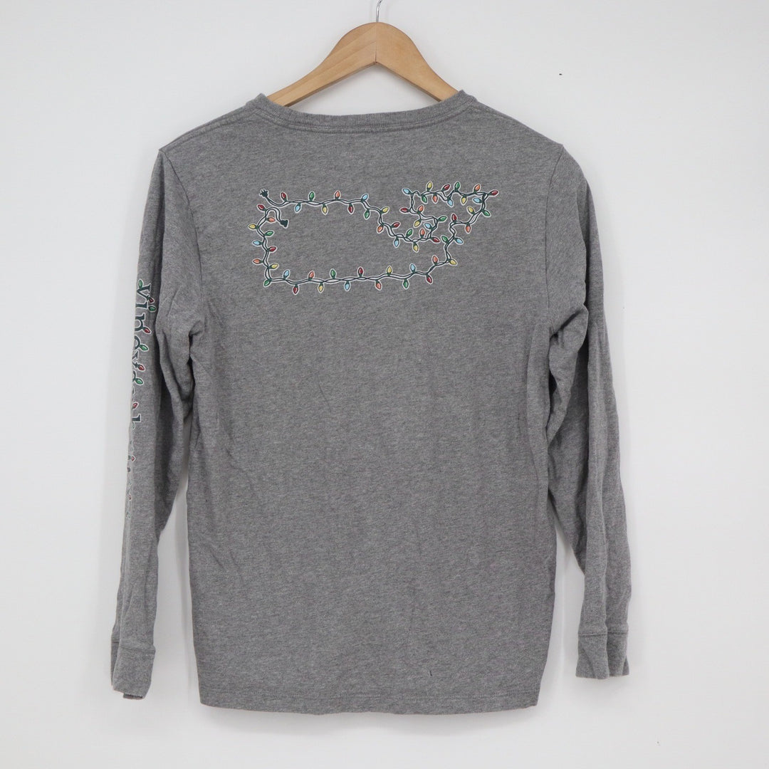 Vineyard Vines Boys Gray Christmas Lights Whale Long Sleeve T-Shirt Size L 16