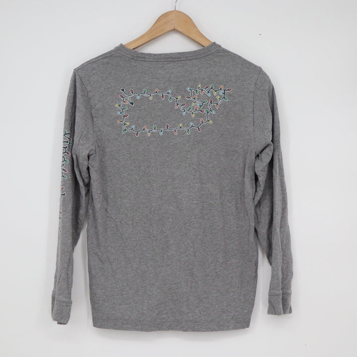 Vineyard Vines Boys Gray Christmas Lights Whale Long Sleeve T-Shirt Size L 16