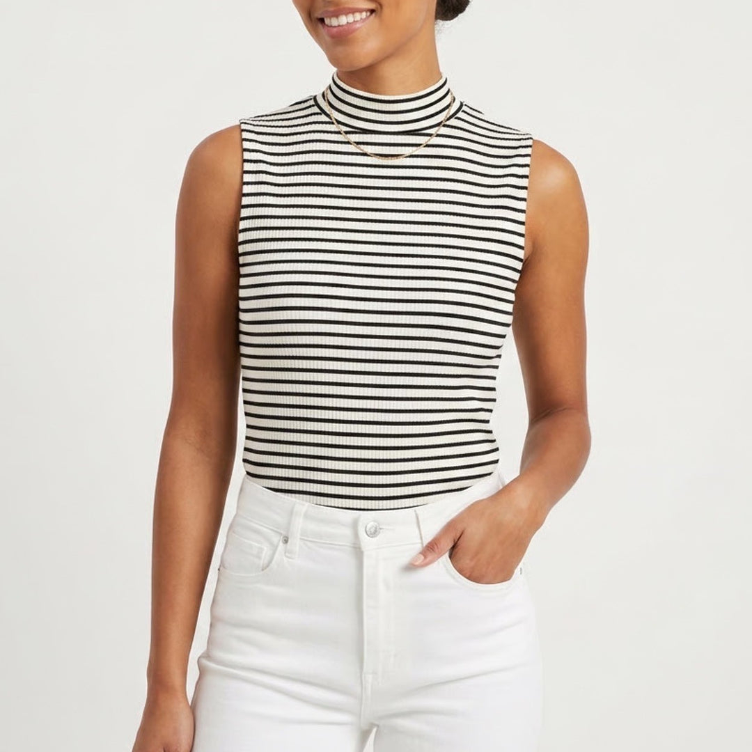 Amazon Essentials Tank Top Womens L Black White Striped Cotton Stretch Mock Neck