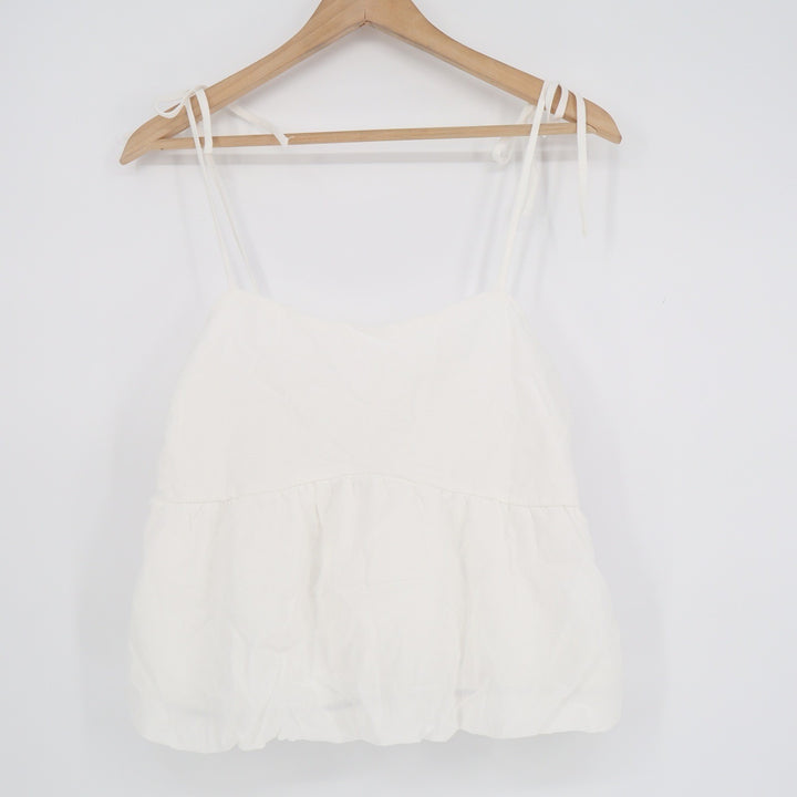 Kirious Los Angeles White Cotton Tie Shoulder Smocked Babydoll Peplum Top Large