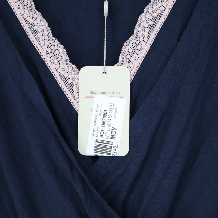 Kimi+Kai Nightgown Dress Womens M Navy Stretch Pleated Lace Trim Short Sleeve