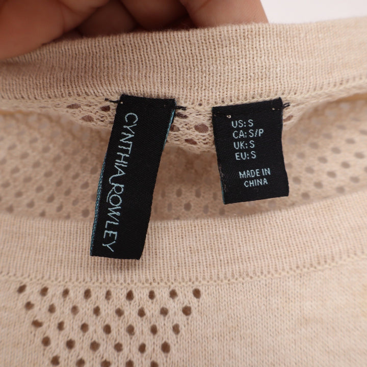 Cynthia Rowley Cotton Cashmere Pointelle Mesh Trim Sweater Beige Small