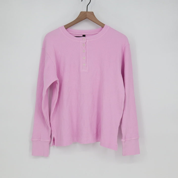 American Giant Thermal T-Shirt Womens Medium Pink Cotton Waffle Knit Henley Neck