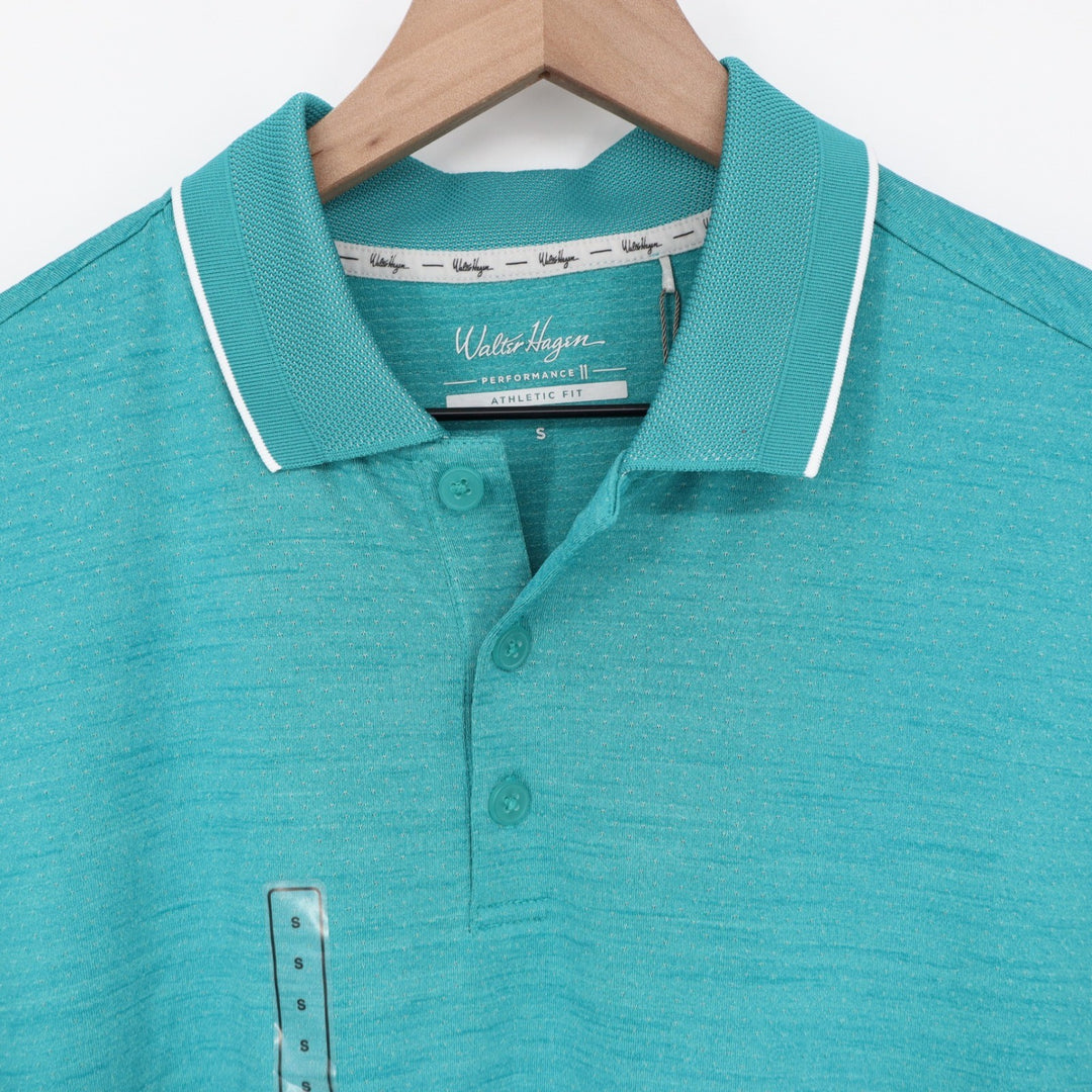Walter Hagen Mens P11 Birdseye Athletic Fit Polo Dark Aqua Blue Heather Small