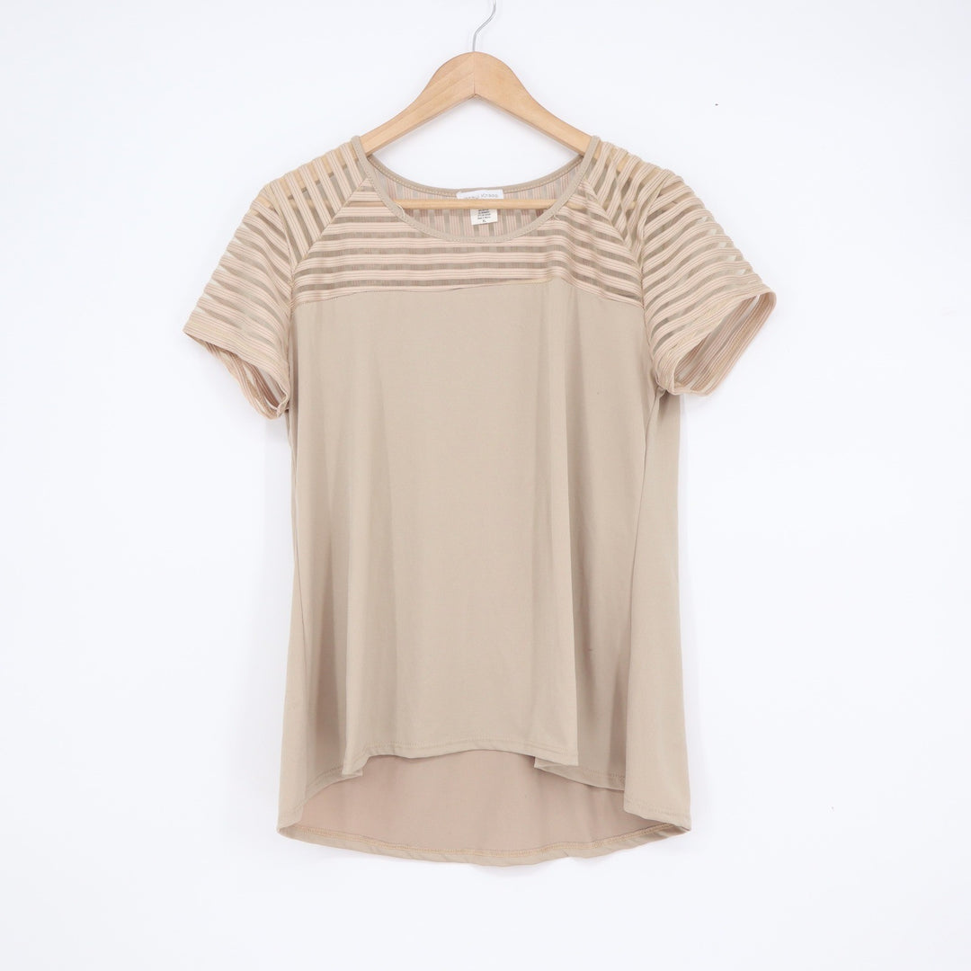 Jacqui Knapp Beige Short Sleeve Mesh Striped Yoke High Low Top XL